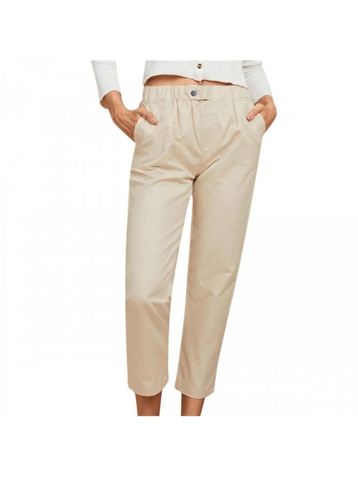 Women High Waist Pants Straight Leg Solid Color Trousers with Pocket Button Comfy Loose Ankle Length Lounge Pants 