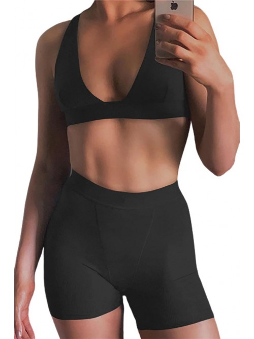 2 Piece Workout Outfit Ribbed Deep V Neck Bra High...