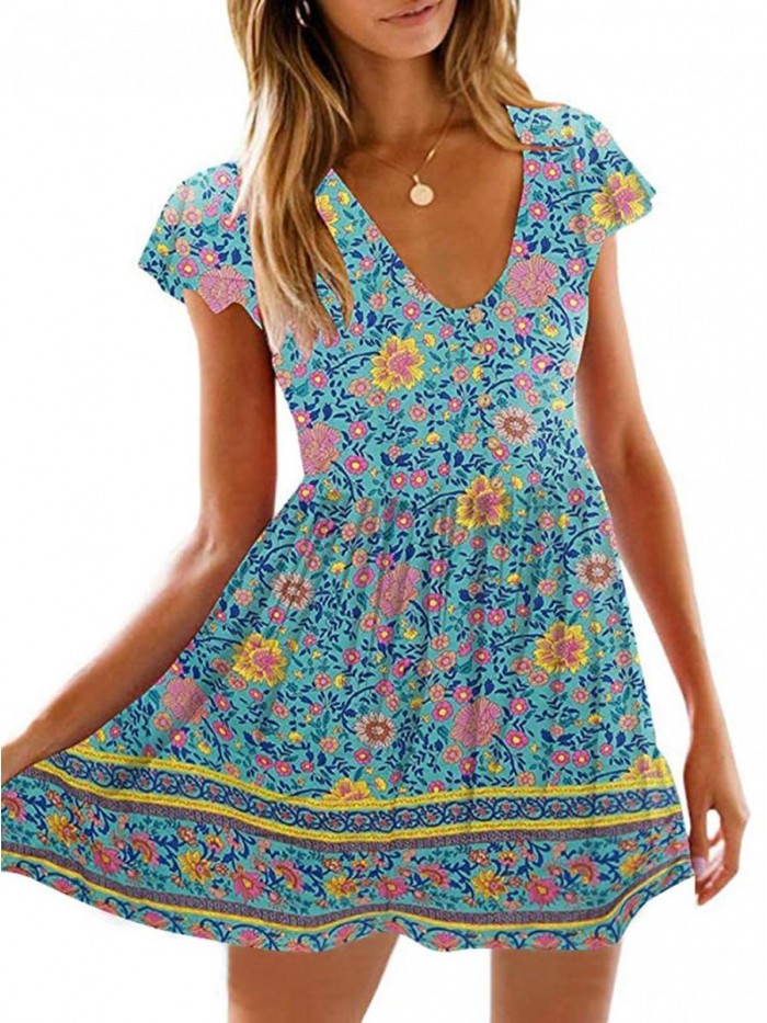 Women’s Summer Hot Short Sleeve V-Neck High Waist Floral Print Mini Boho Sun Dress with Button 