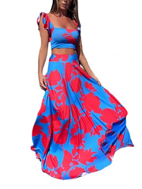 Womens Summer Sexy 2 Pieces Outfits Ruffle Floral ...