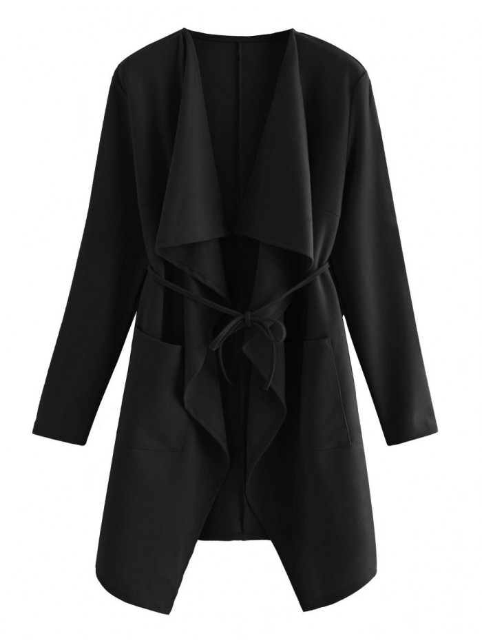 Women's Raw Cut Hem Waterfall Collar Long Sleeve Wrap Trench Pea Coat Cardigan 