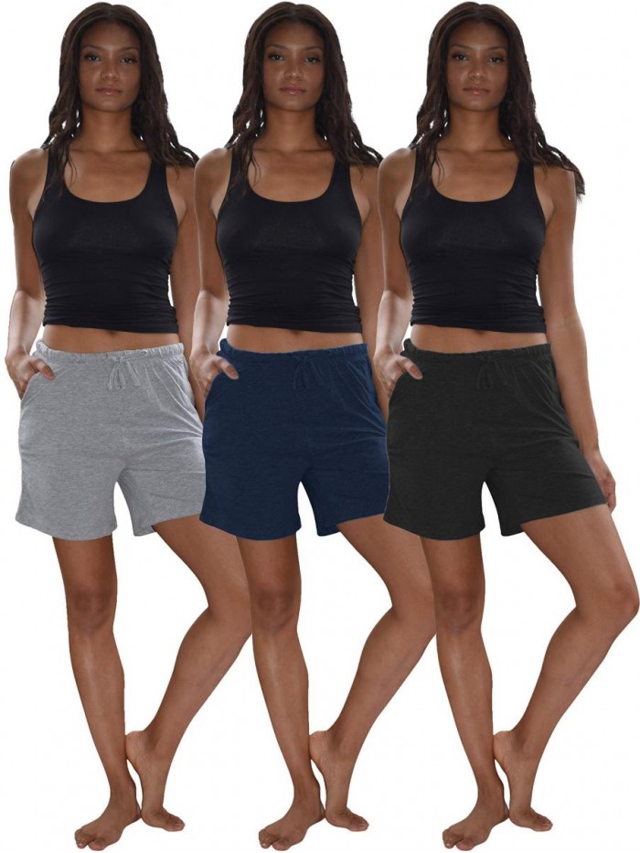 Basics Women's 3 Pack Cotton Sleep Pajama Shorts with Pockets & Drawstring 