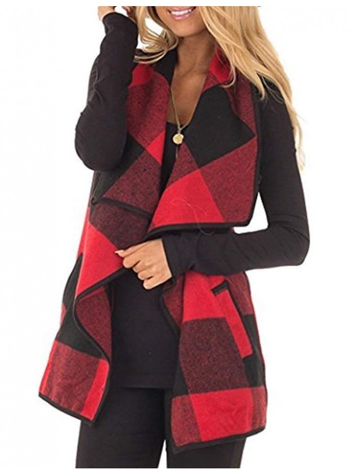 Womens Casual Lapel Open Front Plaid Vest Cardigan Coat with Pockets 