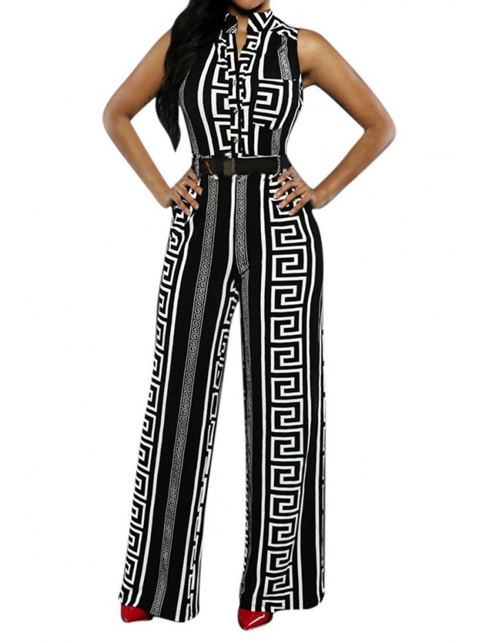 Pink Queen Womens Button Up Printed Long Wide Leg Pant Party Jumpsuits with Belt