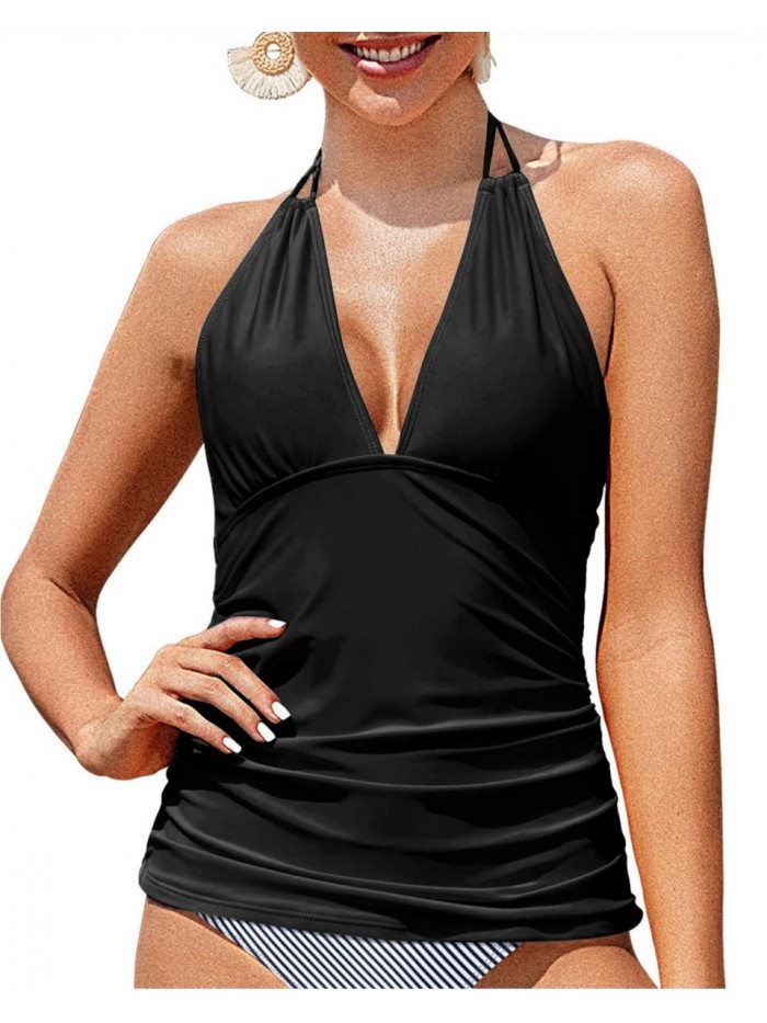 Women's Halter Tankini Top No Bottom V Neck Swim Top Tummy Control Bathing Suit Top 