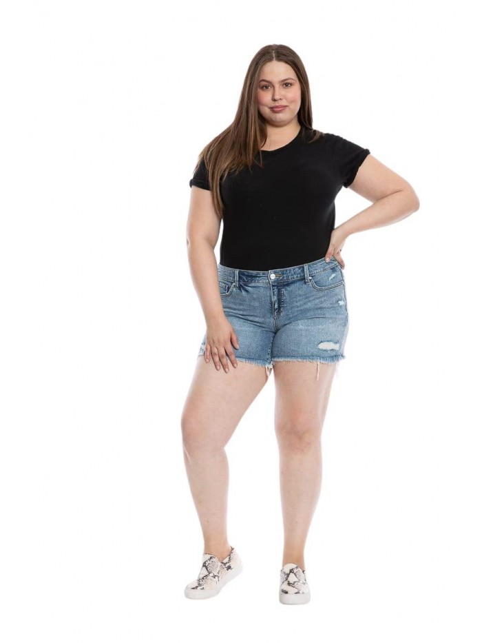 - Premium Women's Plus Size Mid Rise Stretch Denim Shorts (Light Blue) 