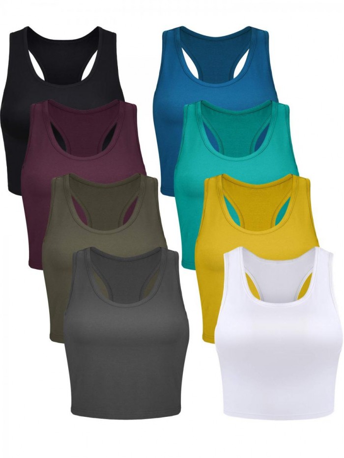 8 Pieces Basic Crop Tank Tops Sleeveless Racerback Crop Sport Cotton Top for Women 