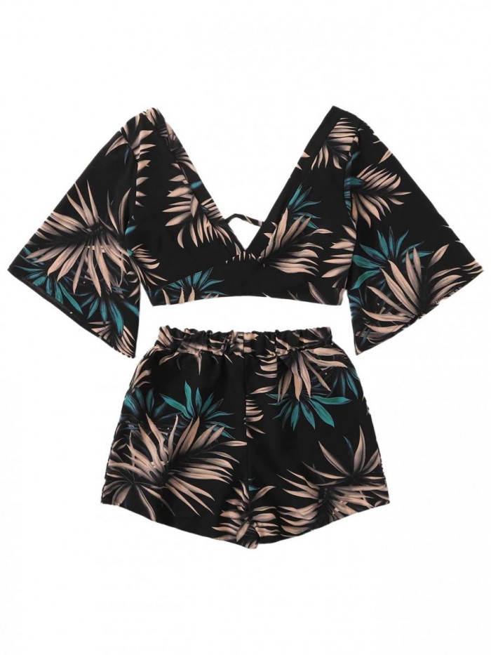 Women's 2 Piece Boho Butterfly Sleeve Knot Front Crop Top with Shorts Set 