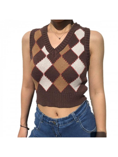 Argyle Sweater Vest Women Y2K Plaid Knitted Street...