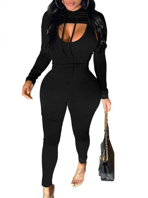 Women's Sexy 2 Piece Outfits Long Sleeve Hooded Cr...