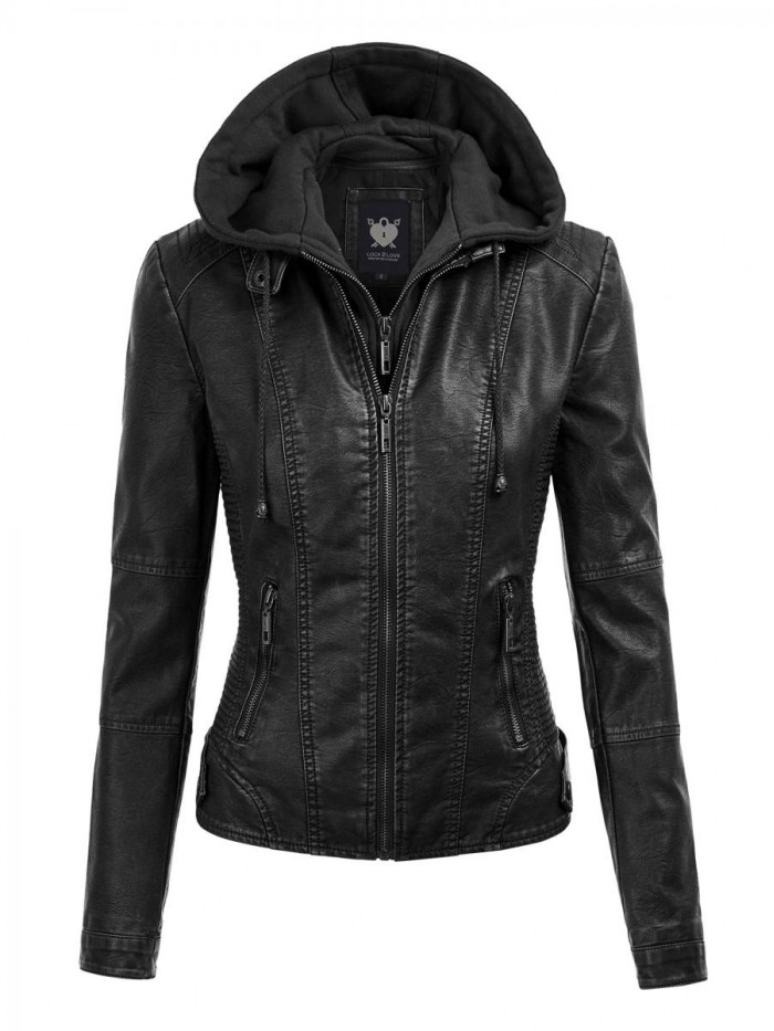 and Love Women's Removable Hooded Faux Leather Jacket Moto Biker Coat 