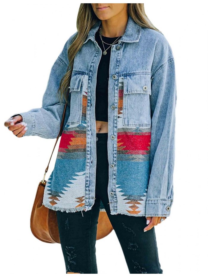 Aztec Denim Jacket Shacket for Women Button Down Vintage Distressed Blue Jean Jacket 